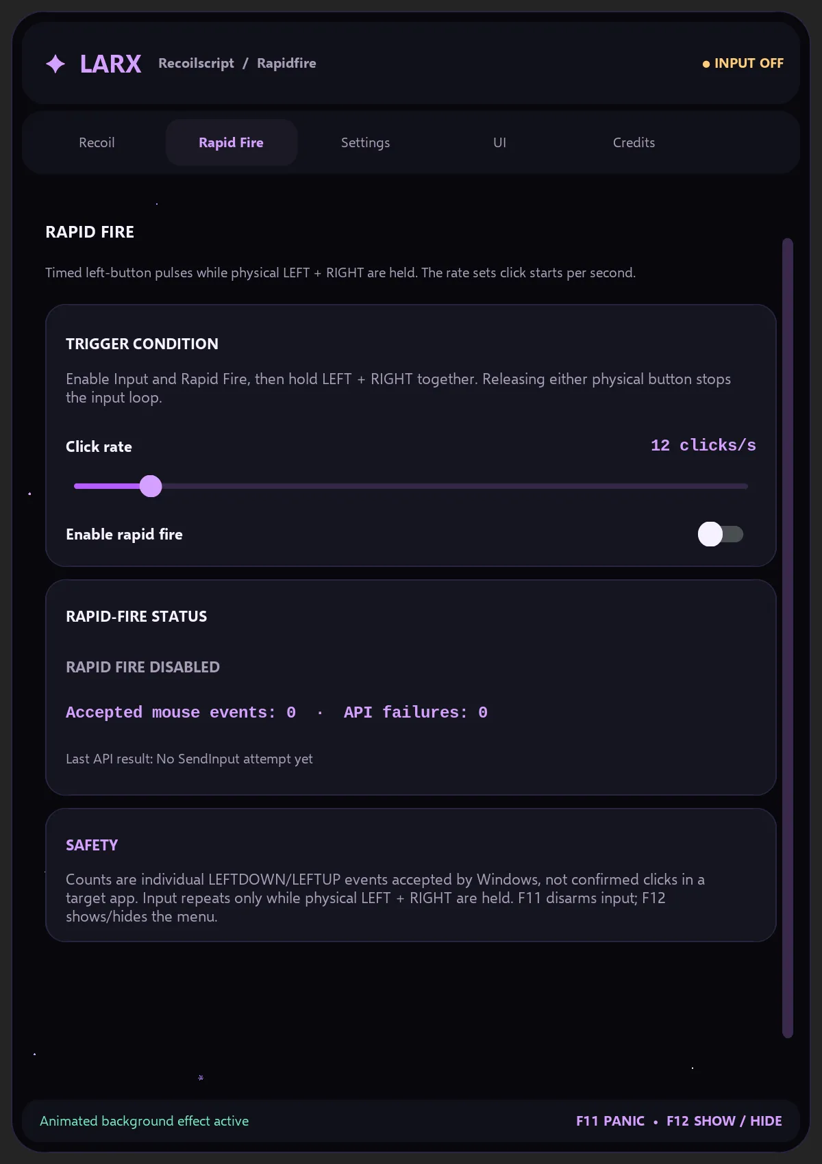 Larx Rapid-Fire-Tab mit Klickrate 12 pro Sekunde