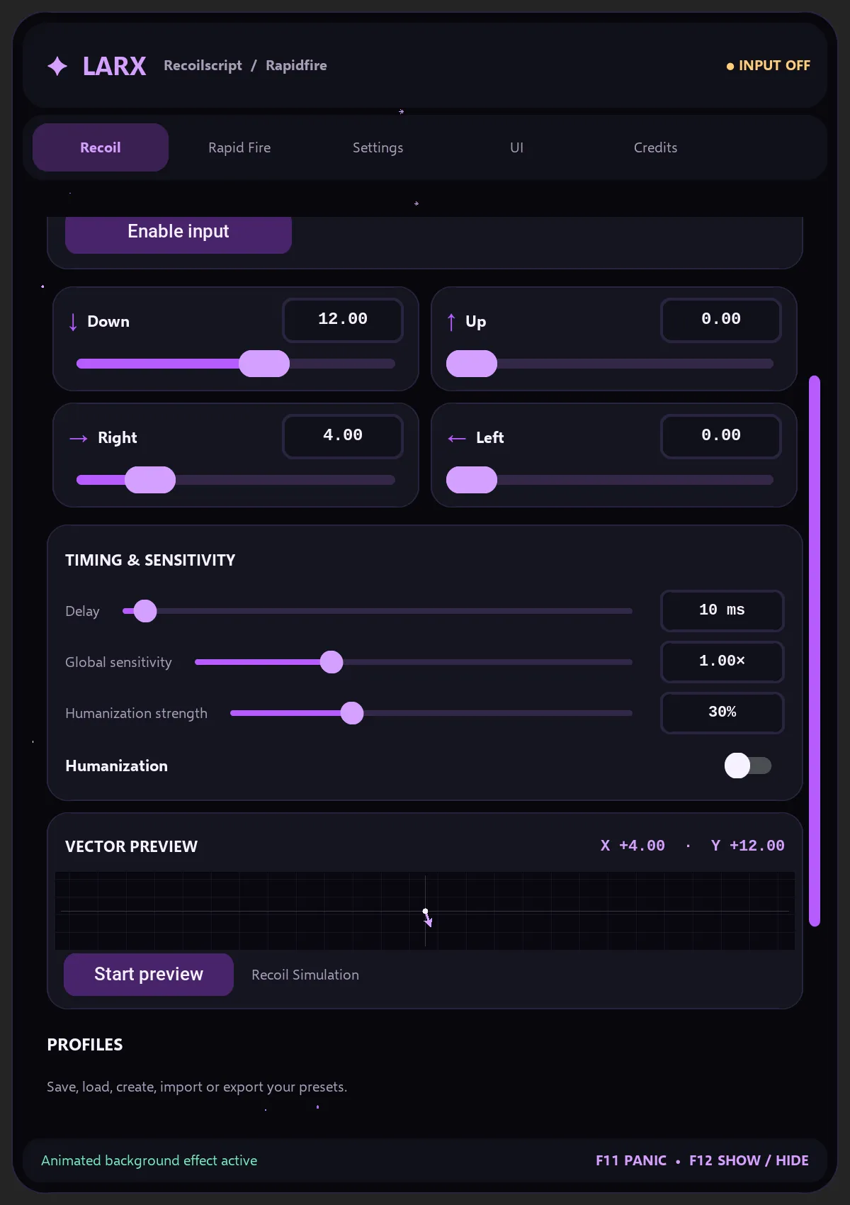 Larx Recoil-Tab mit Richtungsreglern und Timing-Einstellungen